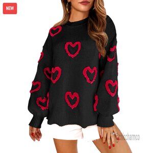 Oversized Chunky Knit Heart Sweater, Crew Neck, Side Slit, Winter Pullover